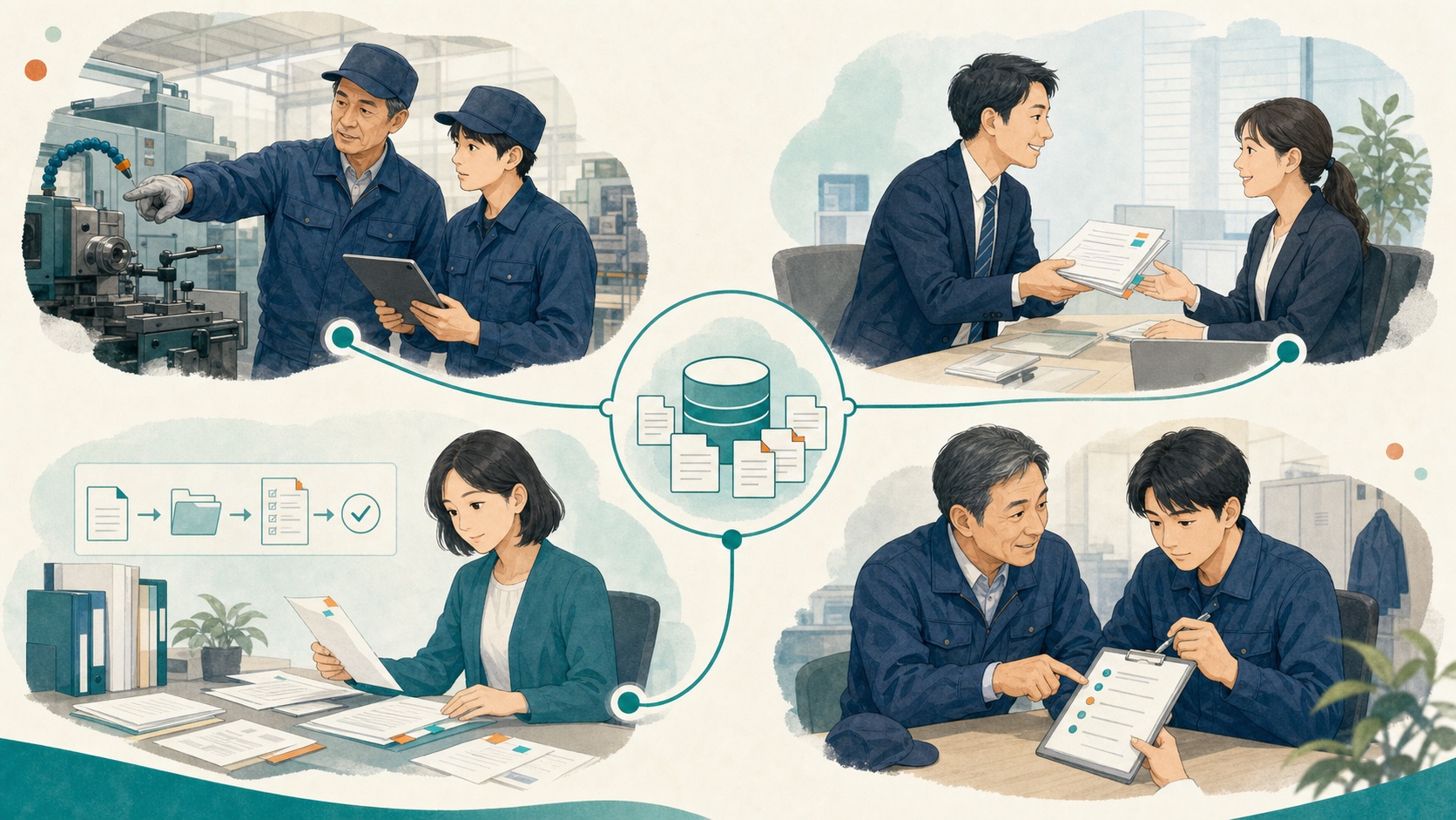 製造現場、営業、事務、新人教育で知識を引き継ぐ場面のイラスト